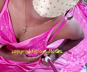 Indian crossdresser model Lara D'_Souza in pink satin nighty