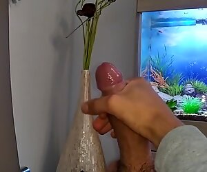 Hot Young Guy Wanks His Nice Big Cock Until He Cums Slowly In Front Of The Aquarium