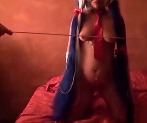 Blue hair girl is caned and fucked with cumshot on her tits